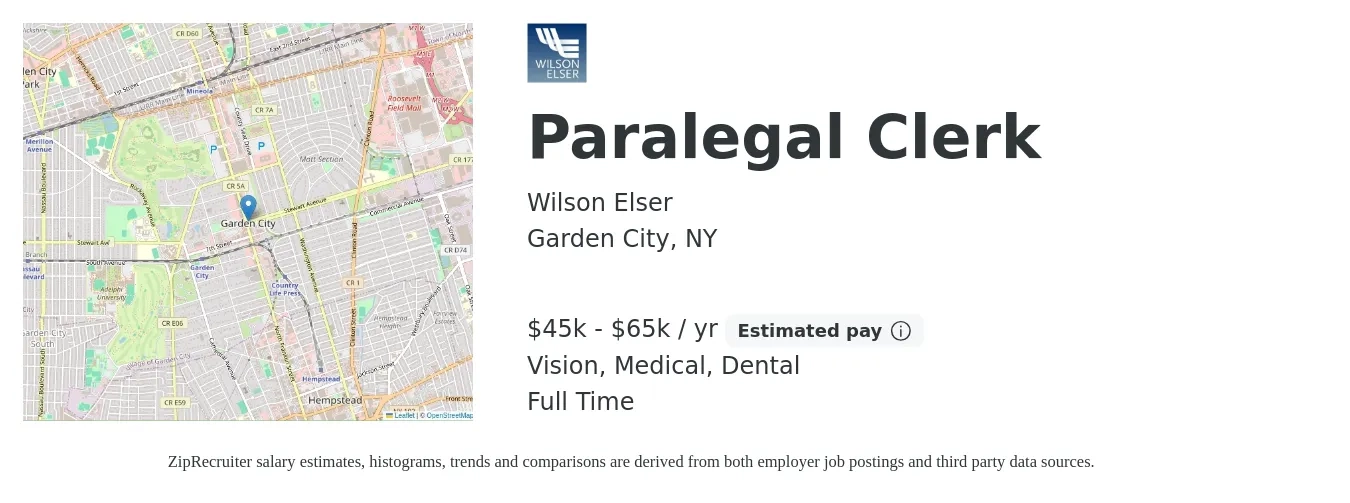 Wilson Elser job posting for a Paralegal Clerk in Garden City, NY with a salary of $45,000 to $65,000 Yearly and benefits including dental, life_insurance, medical, retirement, and vision with a map of Garden City location.