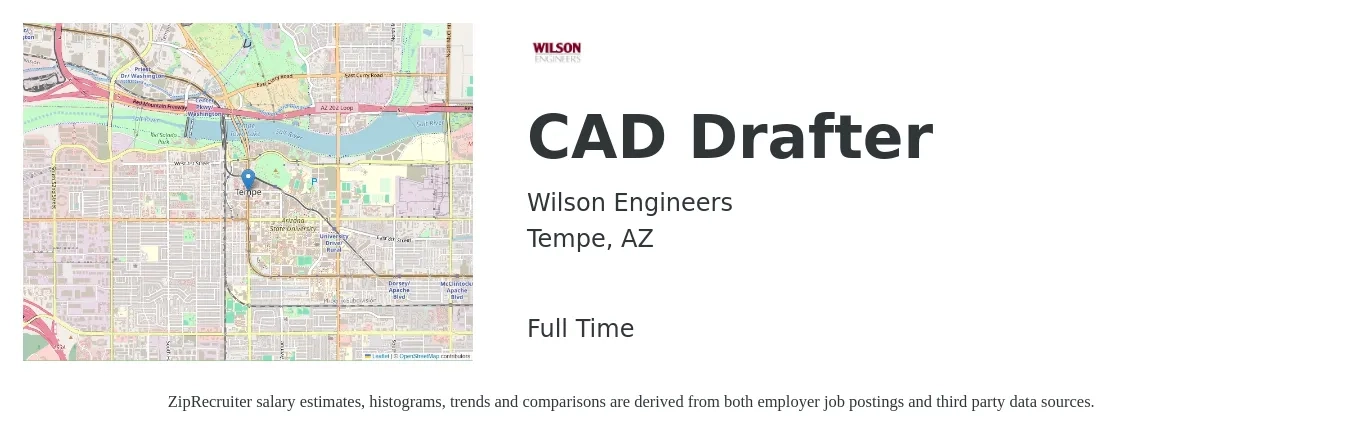 Wilson Engineers job posting for a CAD Drafter in Tempe, AZ with a salary of $22 to $29 Hourly with a map of Tempe location.