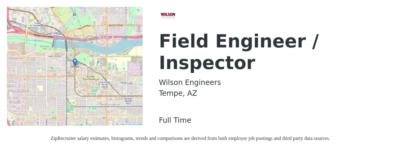 Wilson Engineers job posting for a Field Engineer / Inspector in Tempe, AZ with a salary of $19 to $29 Hourly with a map of Tempe location.
