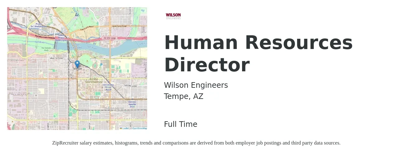 Wilson Engineers job posting for a Human Resources Director in Tempe, AZ with a salary of $84,800 to $130,700 Yearly with a map of Tempe location.