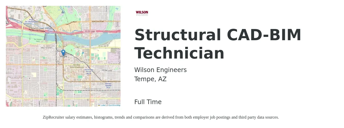 Wilson Engineers job posting for a Structural CAD-BIM Technician in Tempe, AZ with a salary of $21 to $31 Hourly with a map of Tempe location.