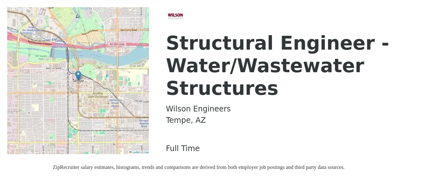 Wilson Engineers job posting for a Structural Engineer - Water/Wastewater Structures in Tempe, AZ with a salary of $76,600 to $108,200 Yearly with a map of Tempe location.