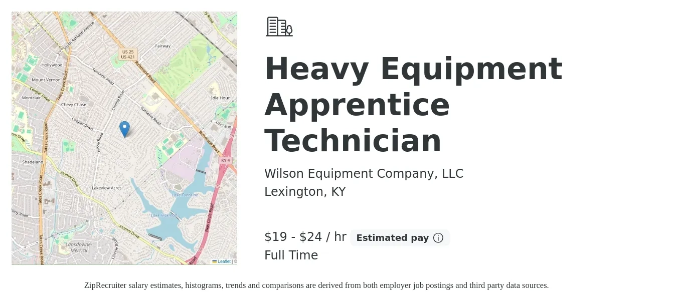 Wilson Equipment Company, LLC job posting for a Heavy Equipment Apprentice Technician in Lexington, KY with a salary of $20 to $25 Hourly with a map of Lexington location.