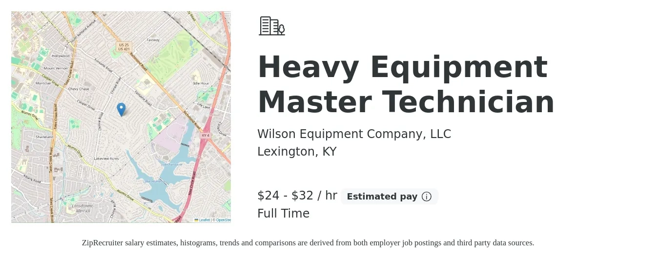 Wilson Equipment Company, LLC job posting for a Heavy Equipment Master Technician in Lexington, KY with a salary of $25 to $34 Hourly with a map of Lexington location.