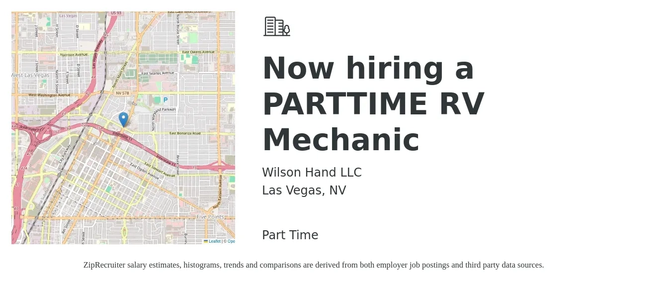 Wilson Hand LLC job posting for a Now hiring a PARTTIME RV Mechanic in Las Vegas, NV with a map of Las Vegas location.