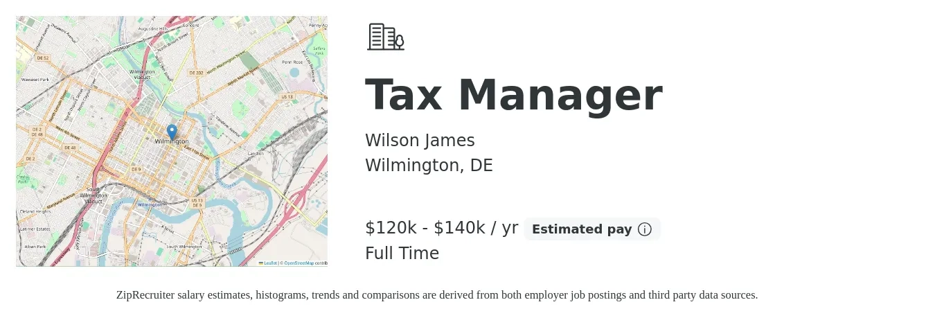 Wilson James job posting for a Tax Manager in Wilmington, DE with a salary of $120,000 to $140,000 Yearly with a map of Wilmington location.