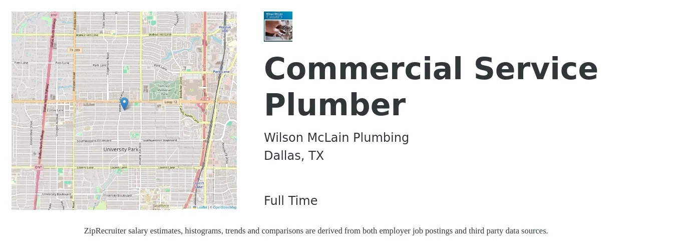 Wilson McLain Plumbing job posting for a Commercial Service Plumber in Dallas, TX with a salary of $25 to $32 Hourly with a map of Dallas location.