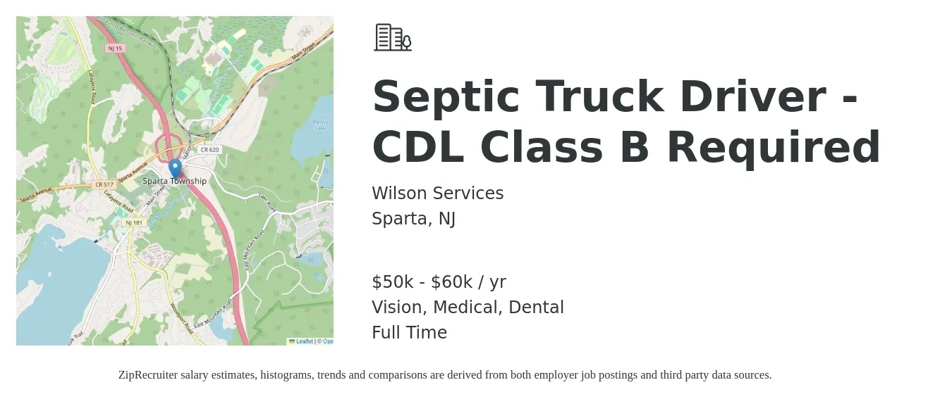Wilson Services job posting for a Septic Truck Driver - CDL Class B Required in Sparta, NJ with a salary of $50,000 to $60,000 Yearly and benefits including dental, life_insurance, medical, pto, retirement, and vision with a map of Sparta location.