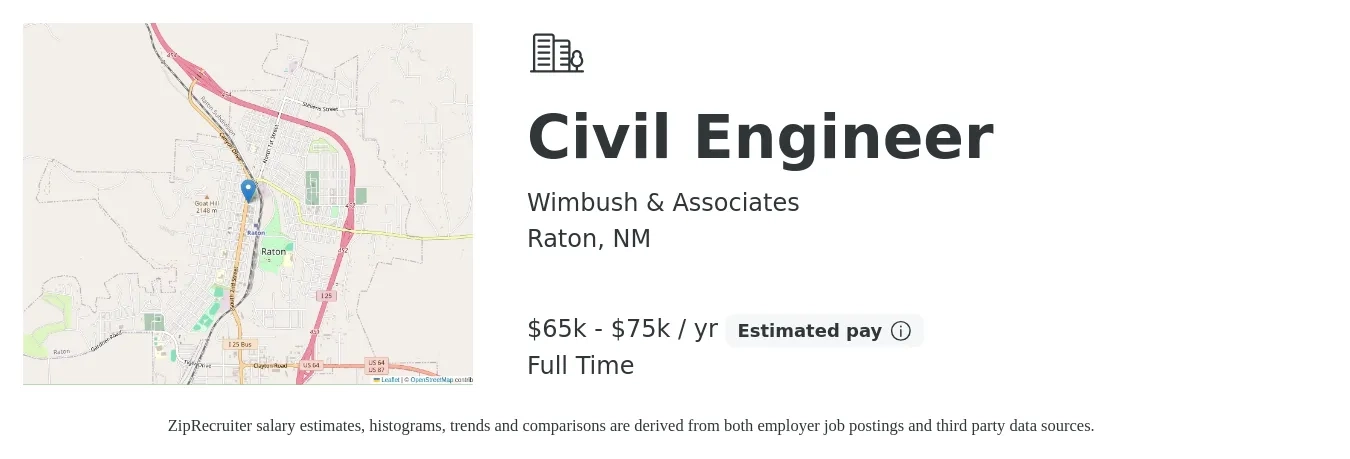 Wimbush & Associates job posting for a Civil Engineer in Raton, NM with a salary of $65,000 to $80,000 Yearly and benefits including dental, life_insurance, medical, pto, retirement, and vision with a map of Raton location.