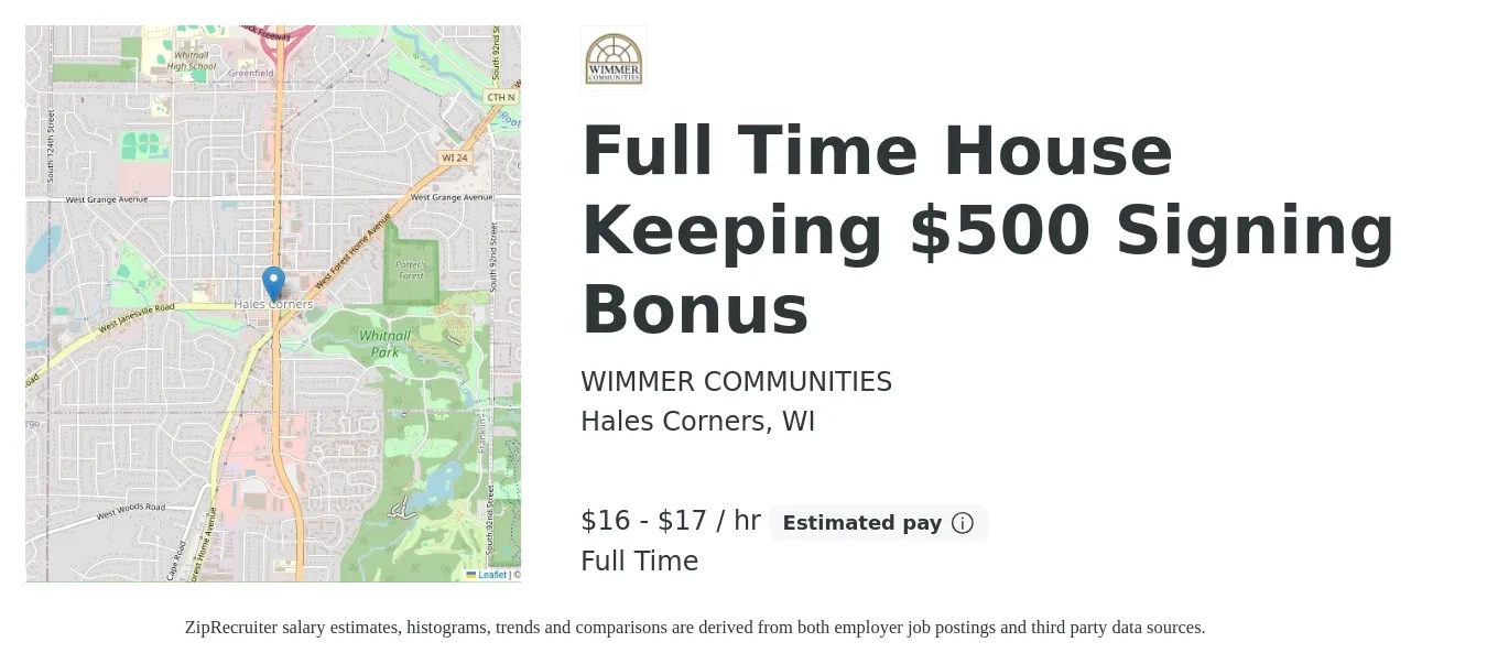 WIMMER COMMUNITIES job posting for a Full Time House Keeping $500 Signing Bonus in Hales Corners, WI with a salary of $17 to $18 Hourly with a map of Hales Corners location.