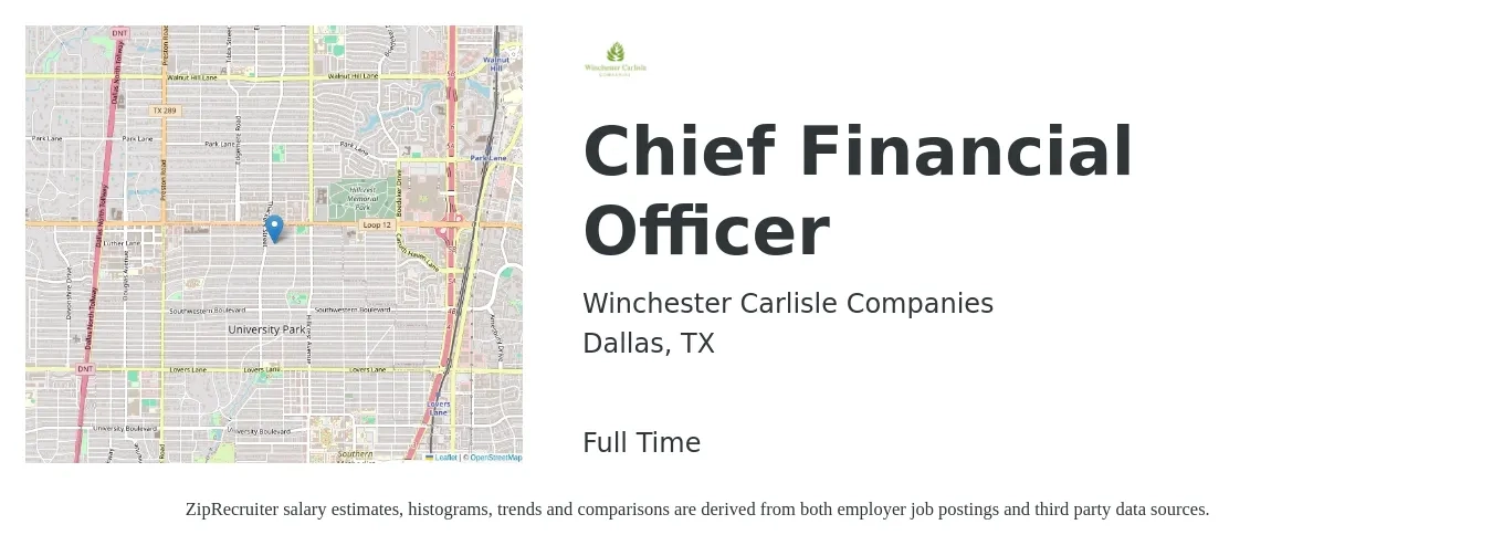 Winchester Carlisle Companies job posting for a Chief Financial Officer in Dallas, TX with a salary of $136,800 to $388,000 Yearly with a map of Dallas location.
