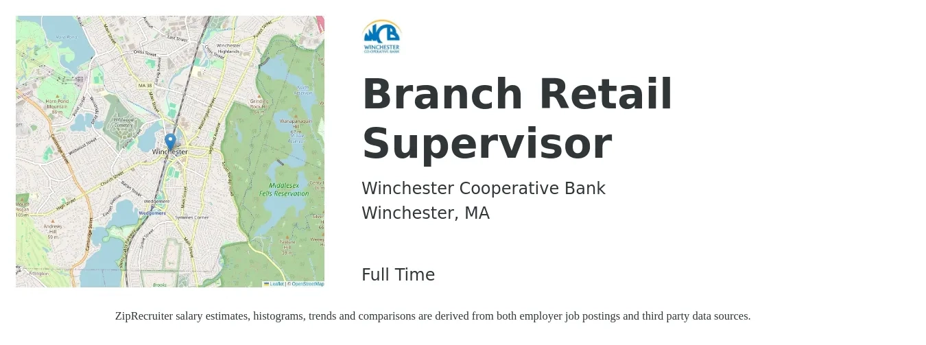 Winchester Cooperative Bank job posting for a Branch Retail Supervisor in Winchester, MA with a salary of $58,800 to $81,600 Yearly with a map of Winchester location.