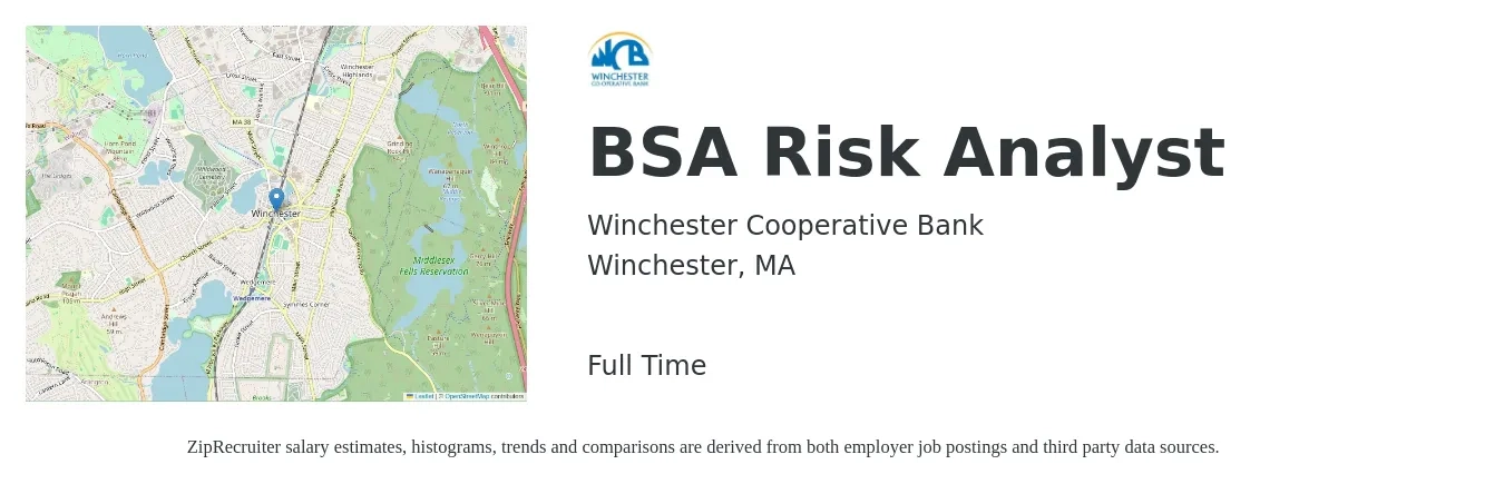Winchester Cooperative Bank job posting for a BSA Risk Analyst in Winchester, MA with a salary of $43 to $65 Hourly with a map of Winchester location.