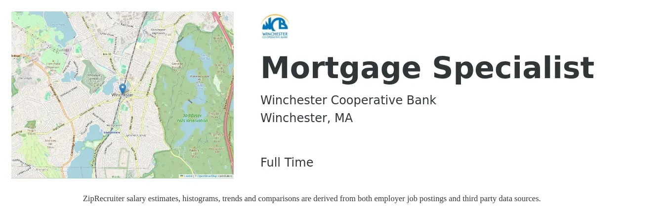 Winchester Cooperative Bank job posting for a Mortgage Specialist in Winchester, MA with a salary of $20 to $34 Hourly with a map of Winchester location.