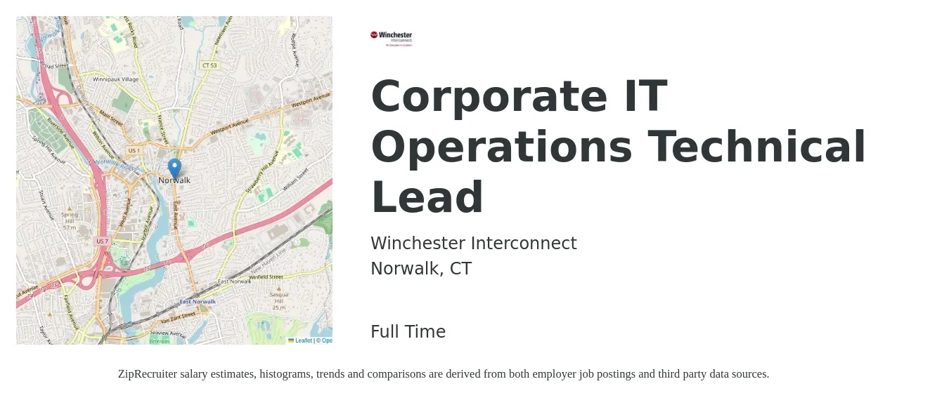 Winchester Interconnect job posting for a Corporate IT Operations Technical Lead in Norwalk, CT with a salary of $116,400 to $205,800 Yearly with a map of Norwalk location.