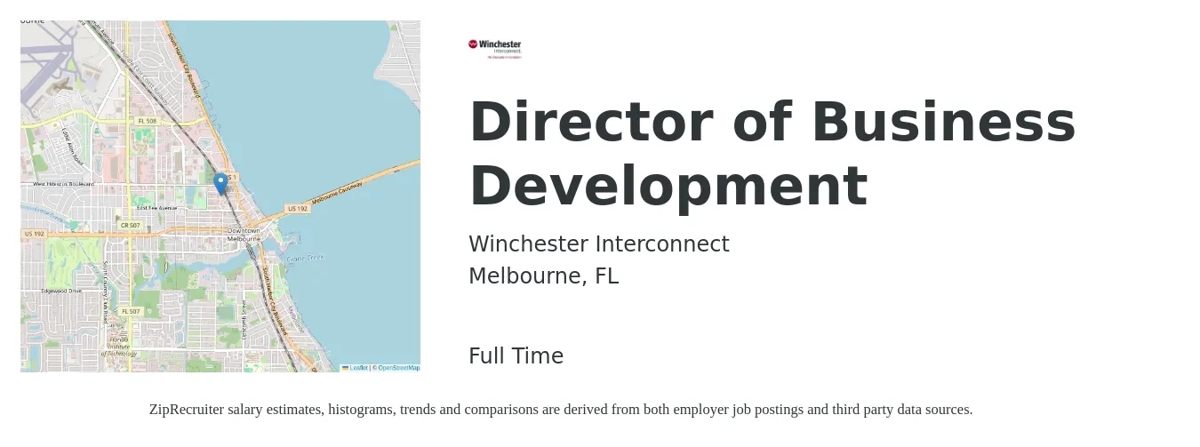 Winchester Interconnect job posting for a Director of Business Development in Melbourne, FL with a salary of $86,700 to $140,400 Yearly with a map of Melbourne location.