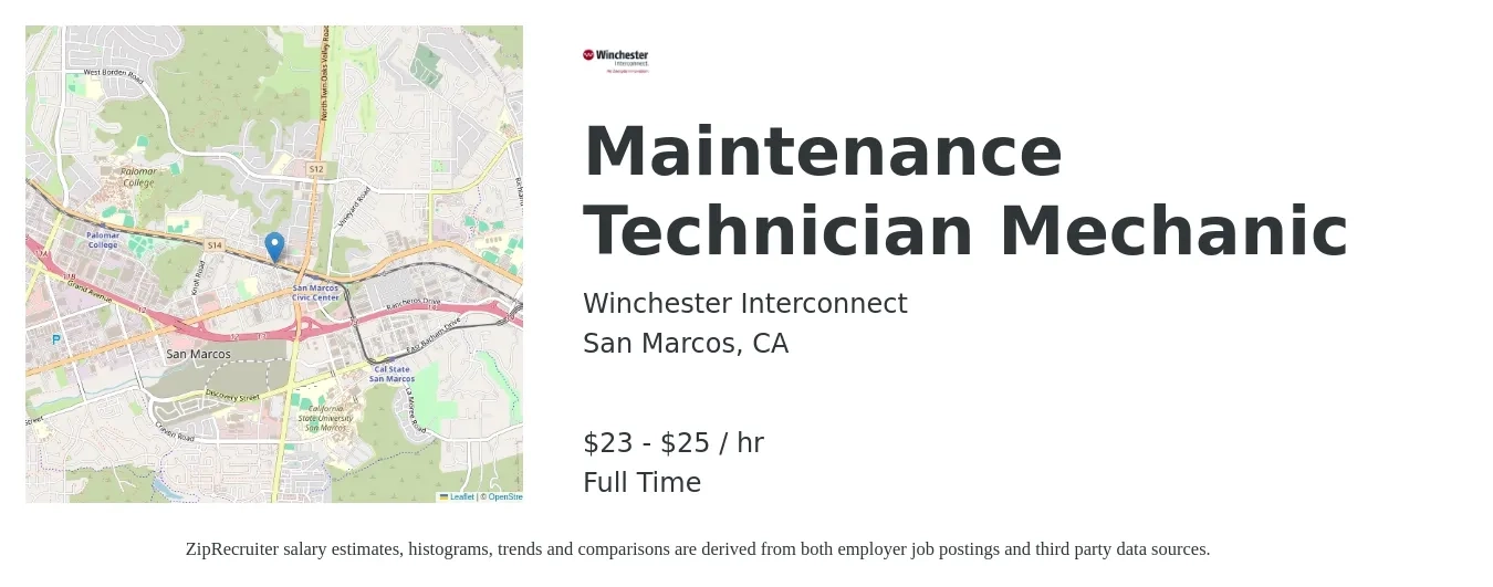 Winchester Interconnect job posting for a Maintenance Technician Mechanic in San Marcos, CA with a salary of $24 to $27 Hourly with a map of San Marcos location.