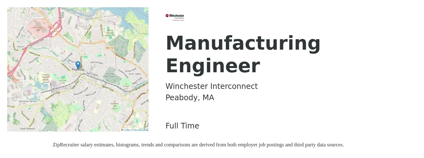 Winchester Interconnect job posting for a Manufacturing Engineer in Peabody, MA with a salary of $81,000 to $104,300 Yearly with a map of Peabody location.