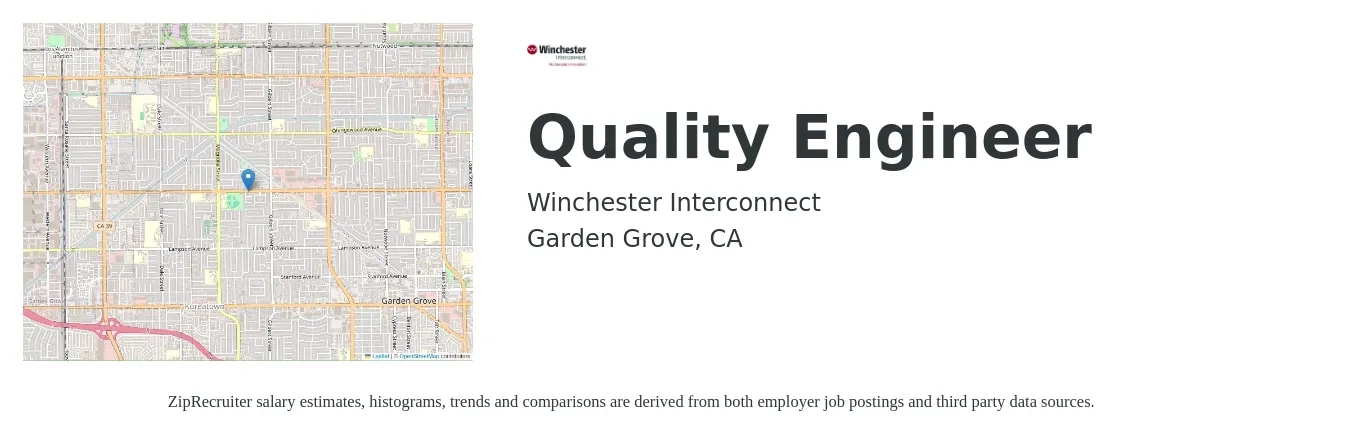 Winchester Interconnect job posting for a Quality Engineer in Garden Grove, CA with a salary of $73,300 to $94,700 Yearly with a map of Garden Grove location.