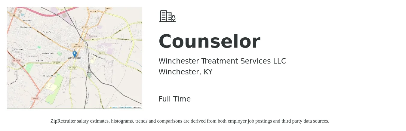 Winchester Treatment Services LLC job posting for a Counselor in Winchester, KY with a salary of $19 to $26 Hourly with a map of Winchester location.