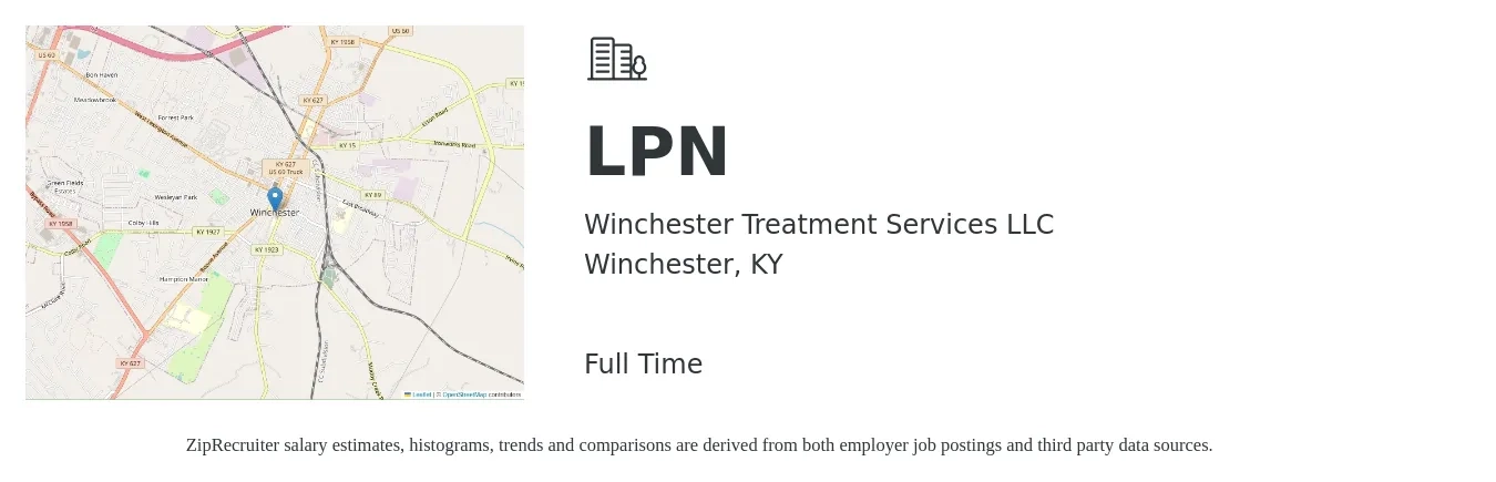 Winchester Treatment Services LLC job posting for a LPN in Winchester, KY with a salary of $22 to $30 Hourly with a map of Winchester location.