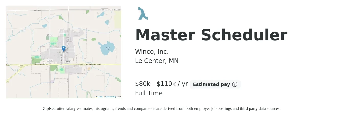 Winco, Inc. job posting for a Master Scheduler in Le Center, MN with a salary of $80,000 to $110,000 Yearly with a map of Le Center location.