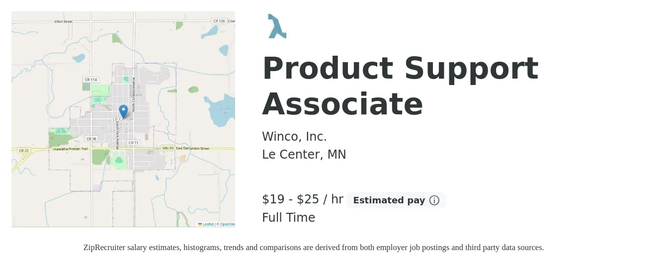 Winco, Inc. job posting for a Product Support Associate in Le Center, MN with a salary of $20 to $27 Hourly with a map of Le Center location.