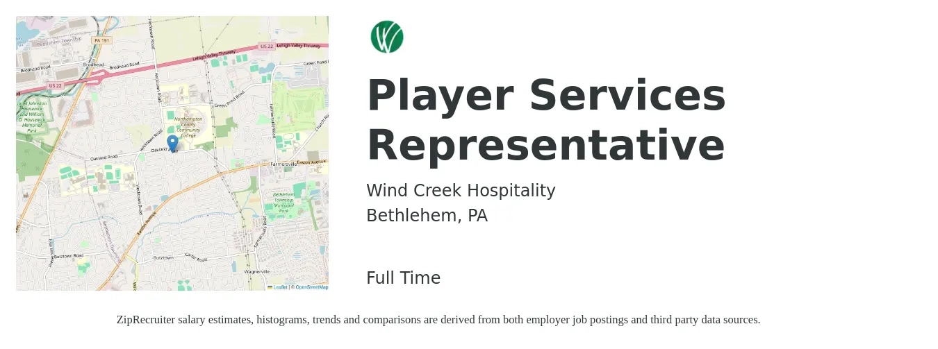 Wind Creek Hospitality job posting for a Player Services Representative in Bethlehem, PA with a salary of $14 to $23 Hourly with a map of Bethlehem location.