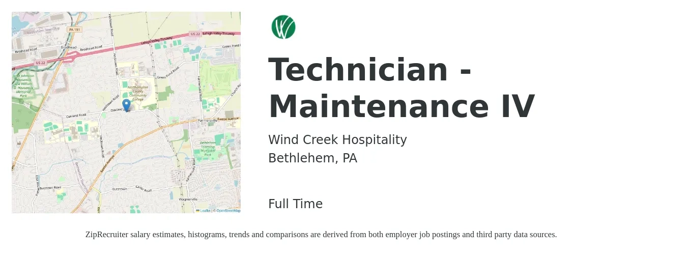 Wind Creek Hospitality job posting for a Technician - Maintenance IV in Bethlehem, PA with a salary of $19 to $26 Hourly with a map of Bethlehem location.