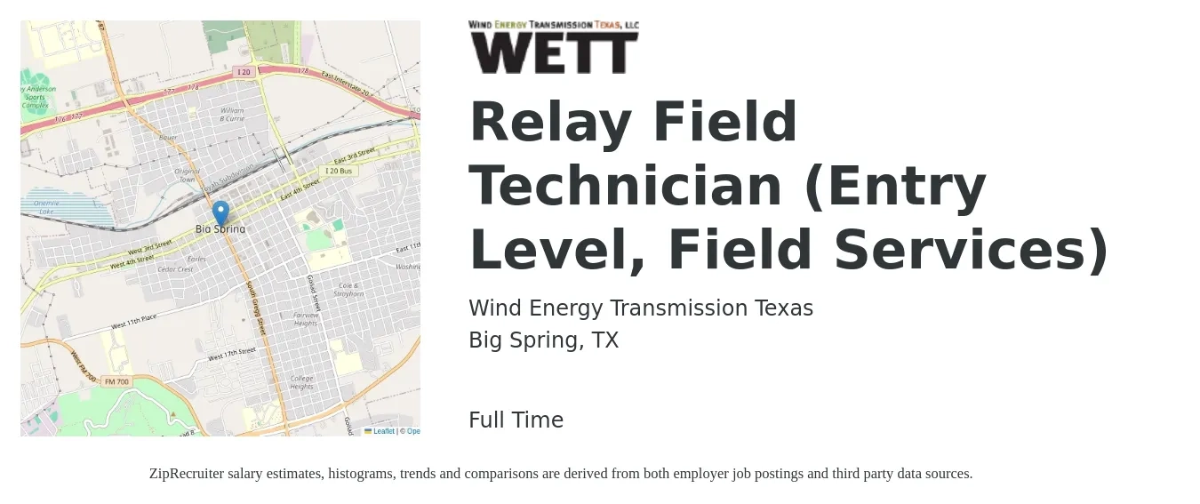 Wind Energy Transmission Texas job posting for a Relay Field Technician (Entry Level, Field Services) in Big Spring, TX with a salary of $18 to $28 Hourly with a map of Big Spring location.