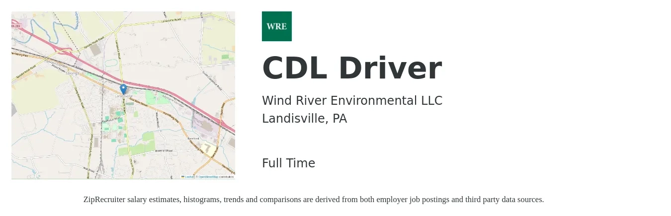 Wind River Environmental LLC job posting for a CDL Driver in Landisville, PA with a salary of $25 to $43 Hourly with a map of Landisville location.