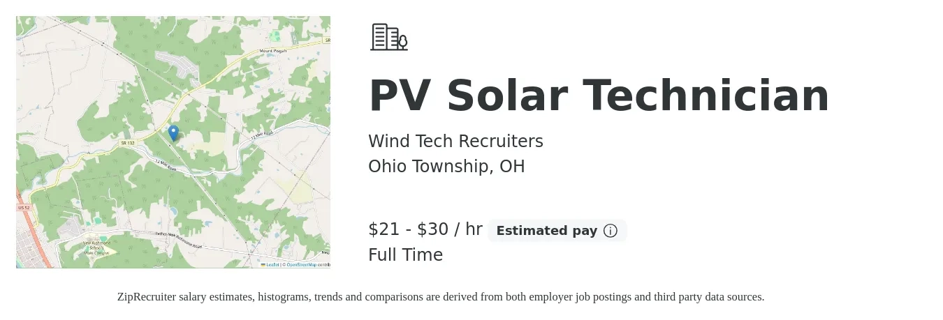Wind Tech Recruiters job posting for a PV Solar Technician in Ohio Township, OH with a salary of $22 to $32 Hourly with a map of Ohio Township location.