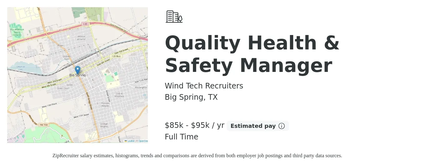 Wind Tech Recruiters job posting for a Quality Health & Safety Manager in Big Spring, TX with a salary of $85,000 to $95,000 Yearly with a map of Big Spring location.