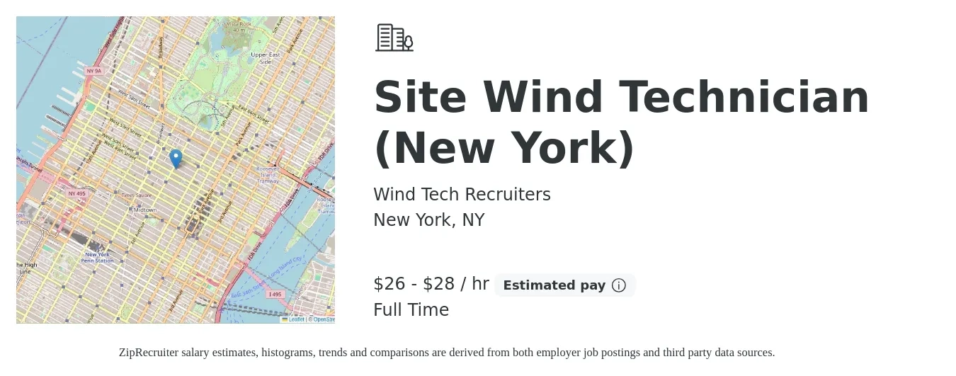 Wind Tech Recruiters job posting for a Site Wind Technician (New York) in New York, NY with a salary of $28 to $30 Hourly with a map of New York location.