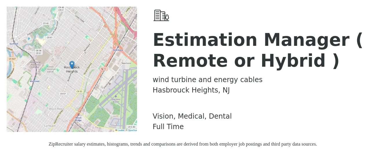 wind turbine and energy cables job posting for a Estimation Manager ( Remote or Hybrid ) in Hasbrouck Heights, NJ with a salary of $54,000 to $125,900 Yearly and benefits including medical, retirement, vision, dental, and life_insurance with a map of Hasbrouck Heights location.