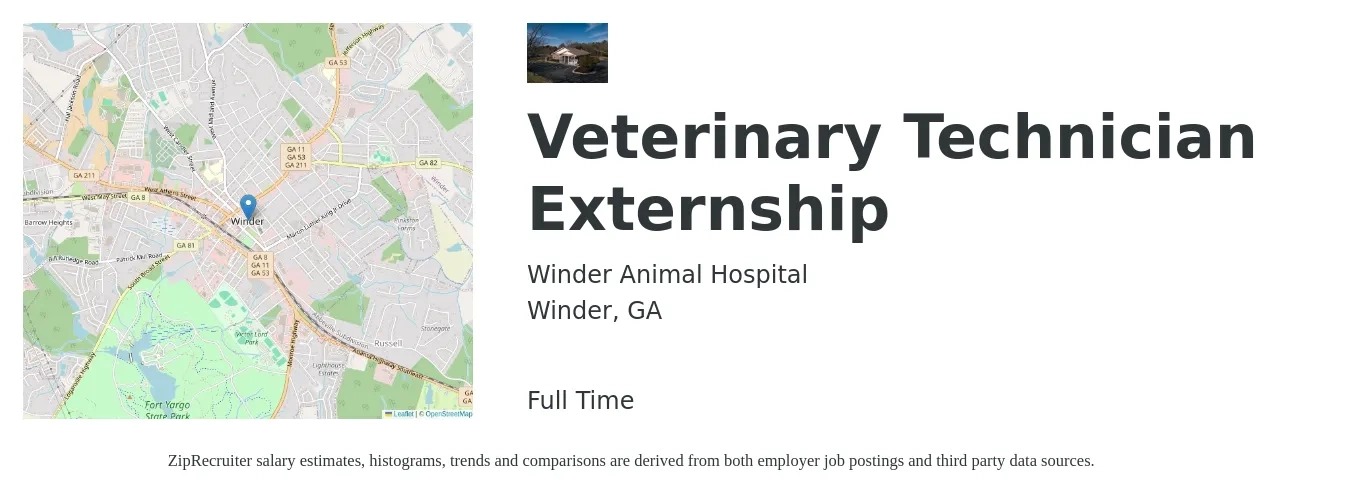 Winder Animal Hospital job posting for a Veterinary Technician Externship in Winder, GA with a salary of $16 to $23 Hourly with a map of Winder location.