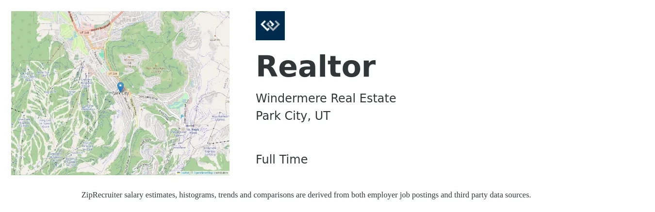 Windermere Real Estate job posting for a Realtor in Park City, UT with a salary of $83,200 to $130,800 Yearly with a map of Park City location.