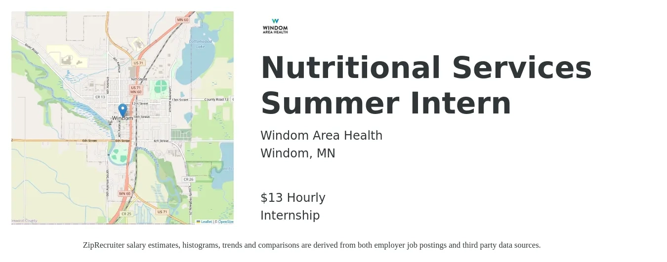 Windom Area Health job posting for a Nutritional Services Summer Intern in Windom, MN with a salary of $14 Hourly with a map of Windom location.
