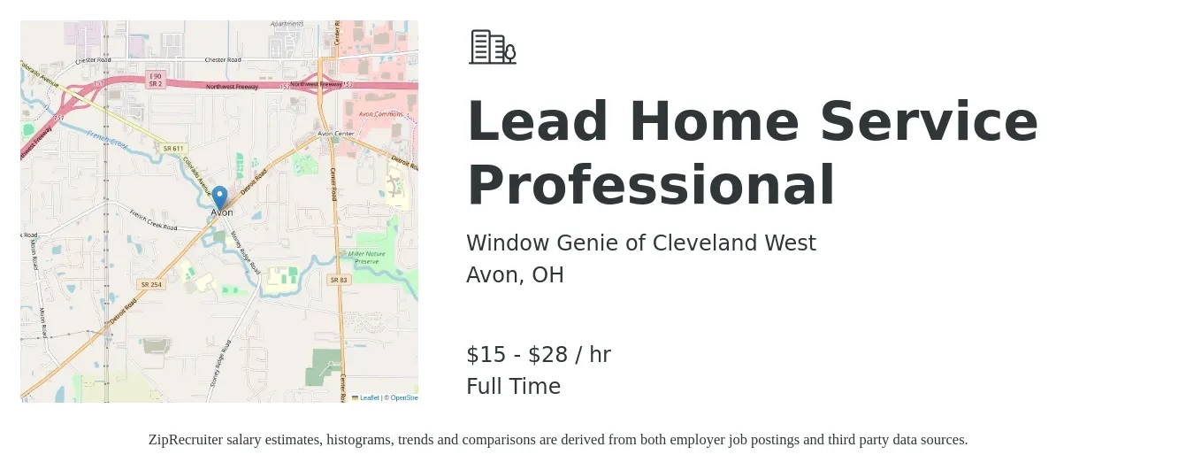 Window Genie of Cleveland West job posting for a Lead Home Service Professional in Avon, OH with a salary of $16 to $30 Hourly with a map of Avon location.