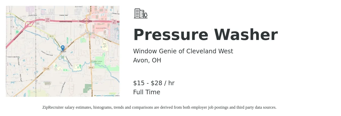 Window Genie of Cleveland West job posting for a Pressure Washer in Avon, OH with a salary of $16 to $30 Hourly with a map of Avon location.