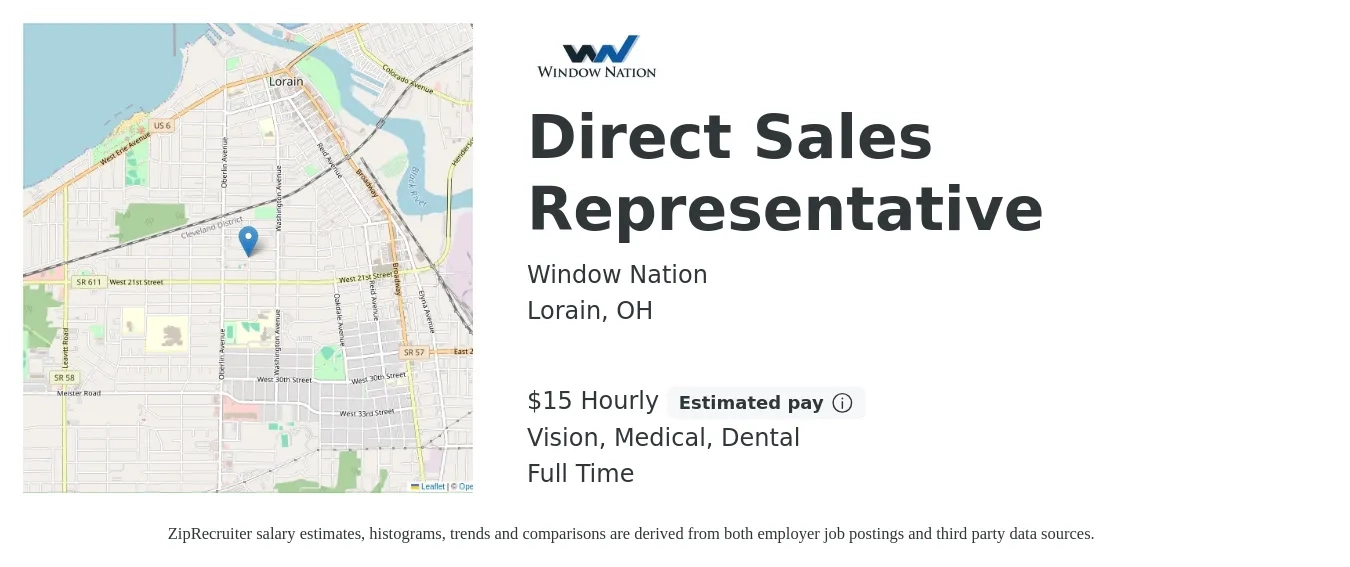 Window Nation job posting for a Direct Sales Representative in Lorain, OH with a salary of $45,900 to $68,100 Yearly with a map of Lorain location.