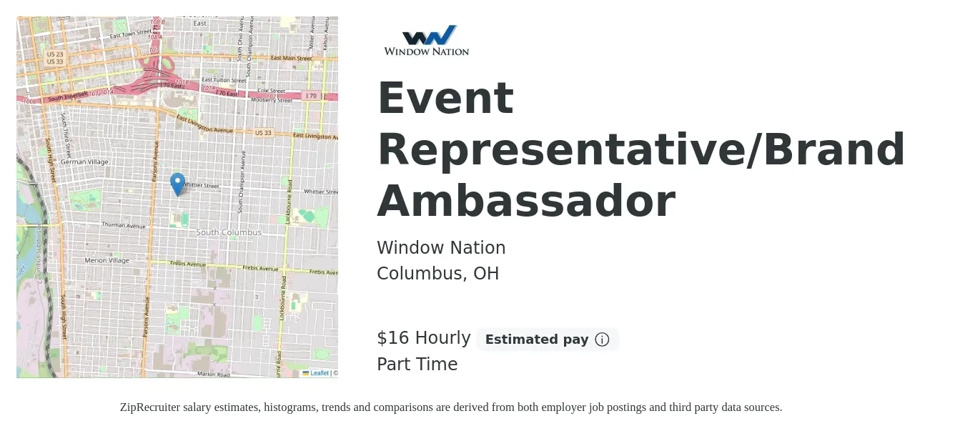Window Nation job posting for a Event Representative/Brand Ambassador in Columbus, OH with a salary of $17 Hourly (plus commission) with a map of Columbus location.