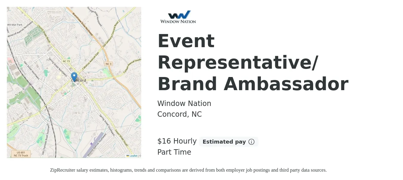 Window Nation job posting for a Event Representative/ Brand Ambassador in Concord, NC with a salary of $17 Hourly (plus commission) with a map of Concord location.