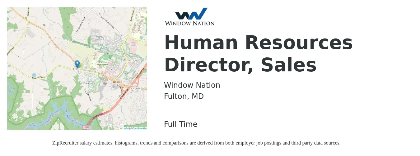 Window Nation job posting for a Human Resources Director, Sales in Fulton, MD with a salary of $150,000 Yearly and benefits including dental, life_insurance, medical, retirement, and vision with a map of Fulton location.