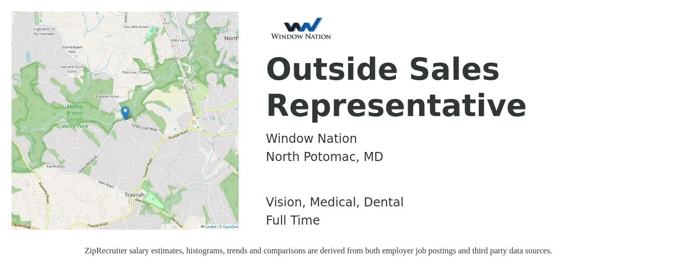Window Nation job posting for a Outside Sales Representative in North Potomac, MD with a salary of $52,200 to $89,500 Yearly and benefits including retirement, vision, dental, life_insurance, medical, and pto with a map of North Potomac location.
