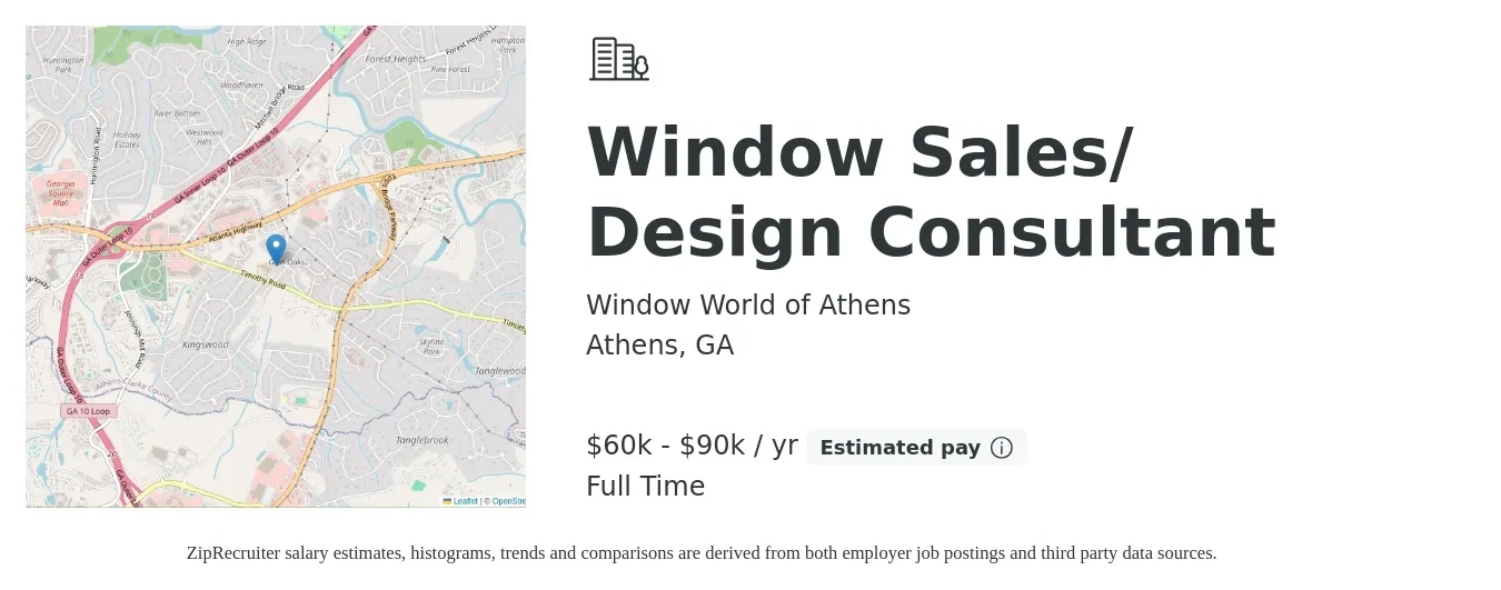 Window World of Athens job posting for a Window Sales/ Design Consultant in Athens, GA with a salary of $60,000 to $90,000 Yearly with a map of Athens location.