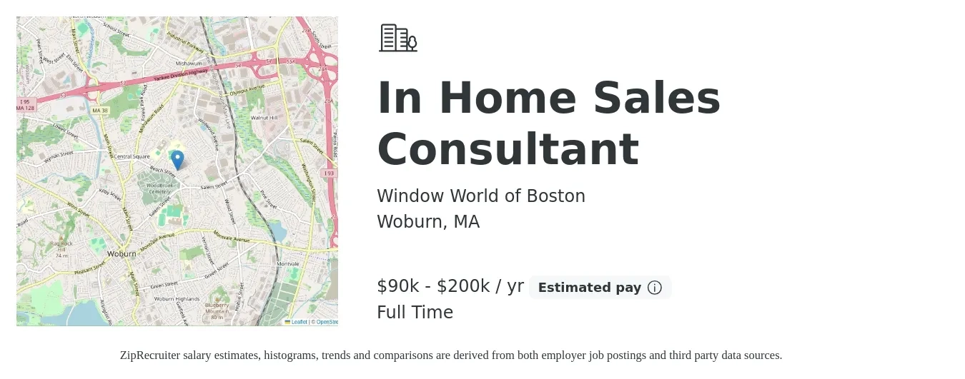 Window World of Boston job posting for a In Home Sales Consultant in Woburn, MA with a salary of $90,000 to $200,000 Yearly with a map of Woburn location.