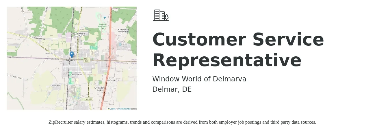 Window World of Delmarva job posting for a Customer Service Representative in Delmar, DE with a salary of $15 to $20 Hourly with a map of Delmar location.