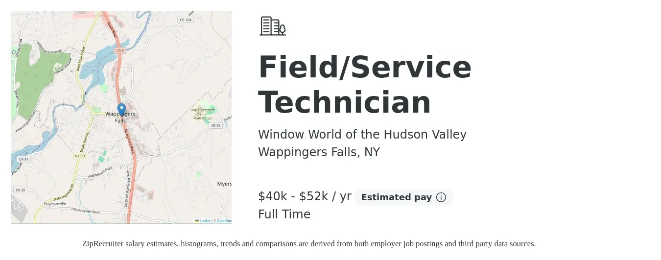 Window World of the Hudson Valley job posting for a Field/Service Technician in Wappingers Falls, NY with a salary of $40,000 to $52,000 Yearly with a map of Wappingers Falls location.