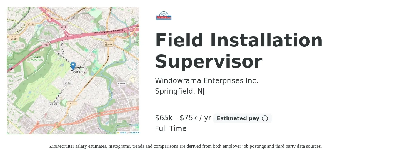 Windowrama Enterprises Inc. job posting for a Field Installation Supervisor in Springfield, NJ with a salary of $65,000 to $75,000 Yearly with a map of Springfield location.